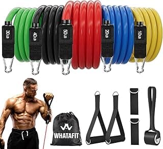 WHATAFIT Resistance Bands, Exercise Bands, Workout Bands with Handles, Door Anchor and Ankle Straps, 5 Resistance Levels Fitness Bands for Strength Training, Physical Therapy, and Home Gym Equipment